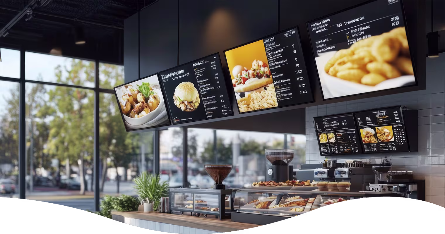 Oriel TV screens promoting digital signage displaying food menu in a restaurant