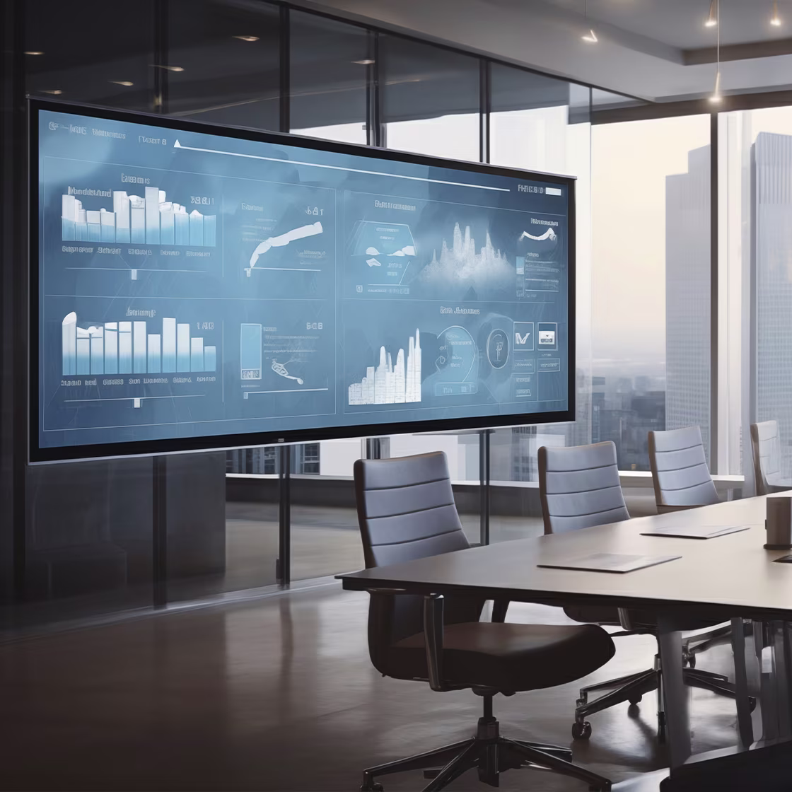 Oriel TV- screen displaying corporate dashboards and doctor schedules in office setting