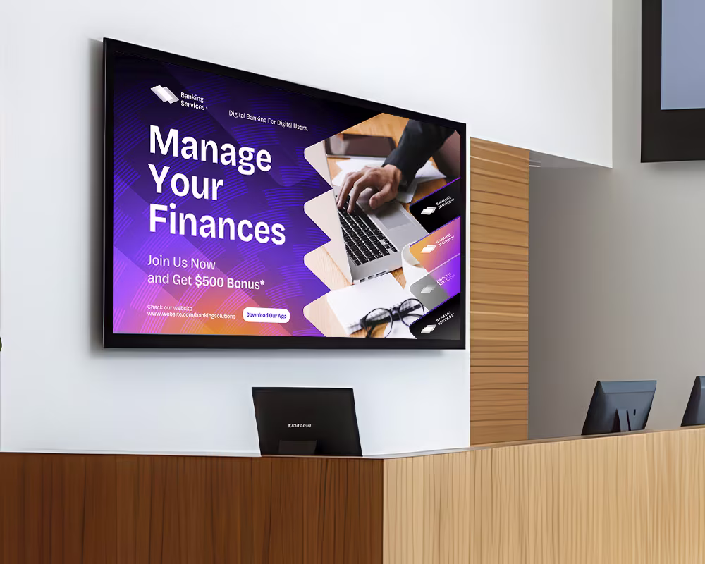 Oriel TV screen promoting banking services and financial product updates