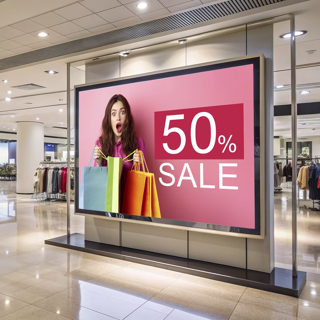Oriel TV digital signage showcasing retail promotions with sale offer.