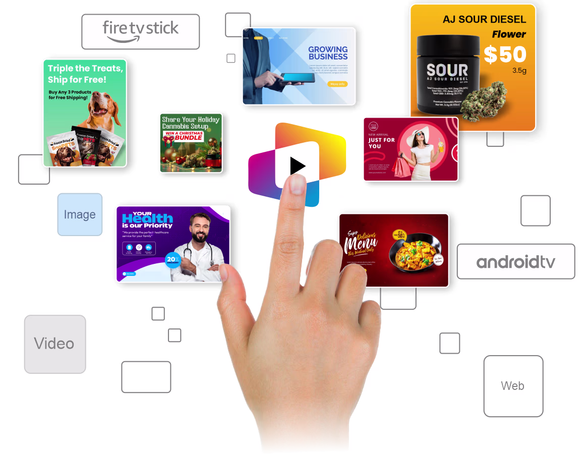 Oriel TV interface showing variety of content types like images, videos, promotions, and signage layouts